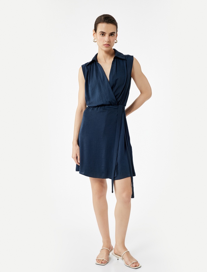  Aerobin Kumaş Gömlek Yaka Kolsuz Mini Kruvaze Saten Elbise