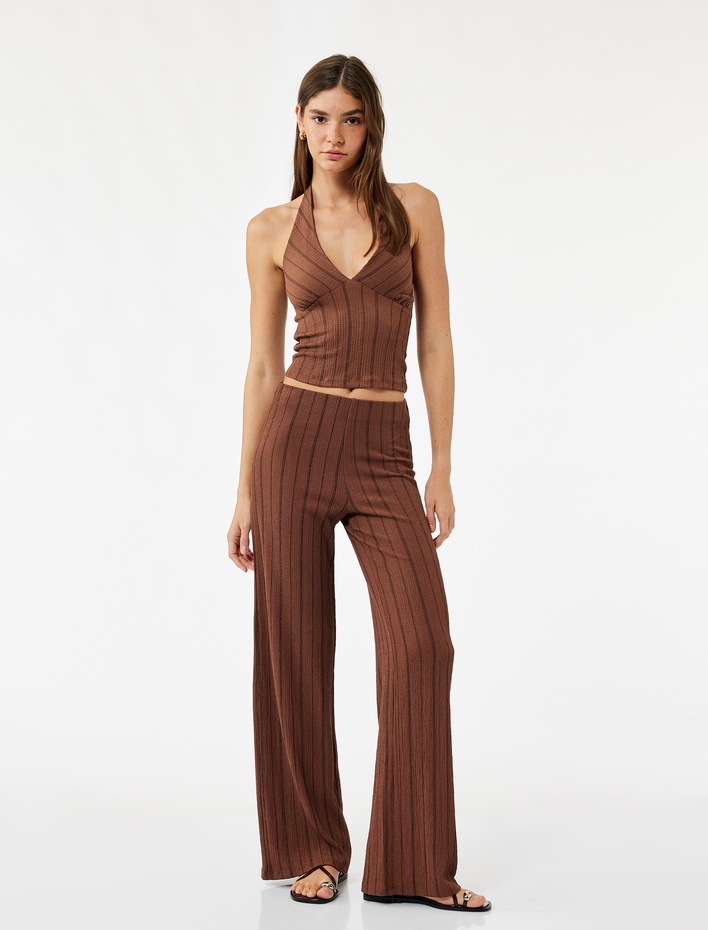  Çizgili Kolsuz Halter Yaka Bluz