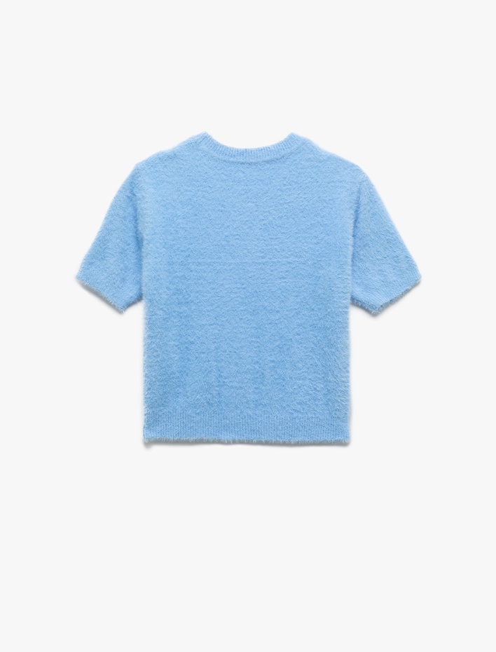 Kız Çocuk İnci Boncuk Detaylı Kısa Kollu Bisiklet Yaka Triko Kazak