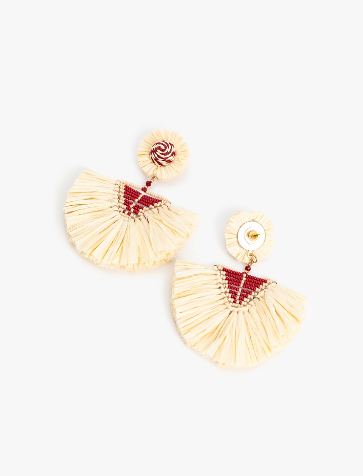 Kadın Boncuk Detaylı Büyük Boy Geometrik Hasır Küpe - Koton X Melis Ağazat