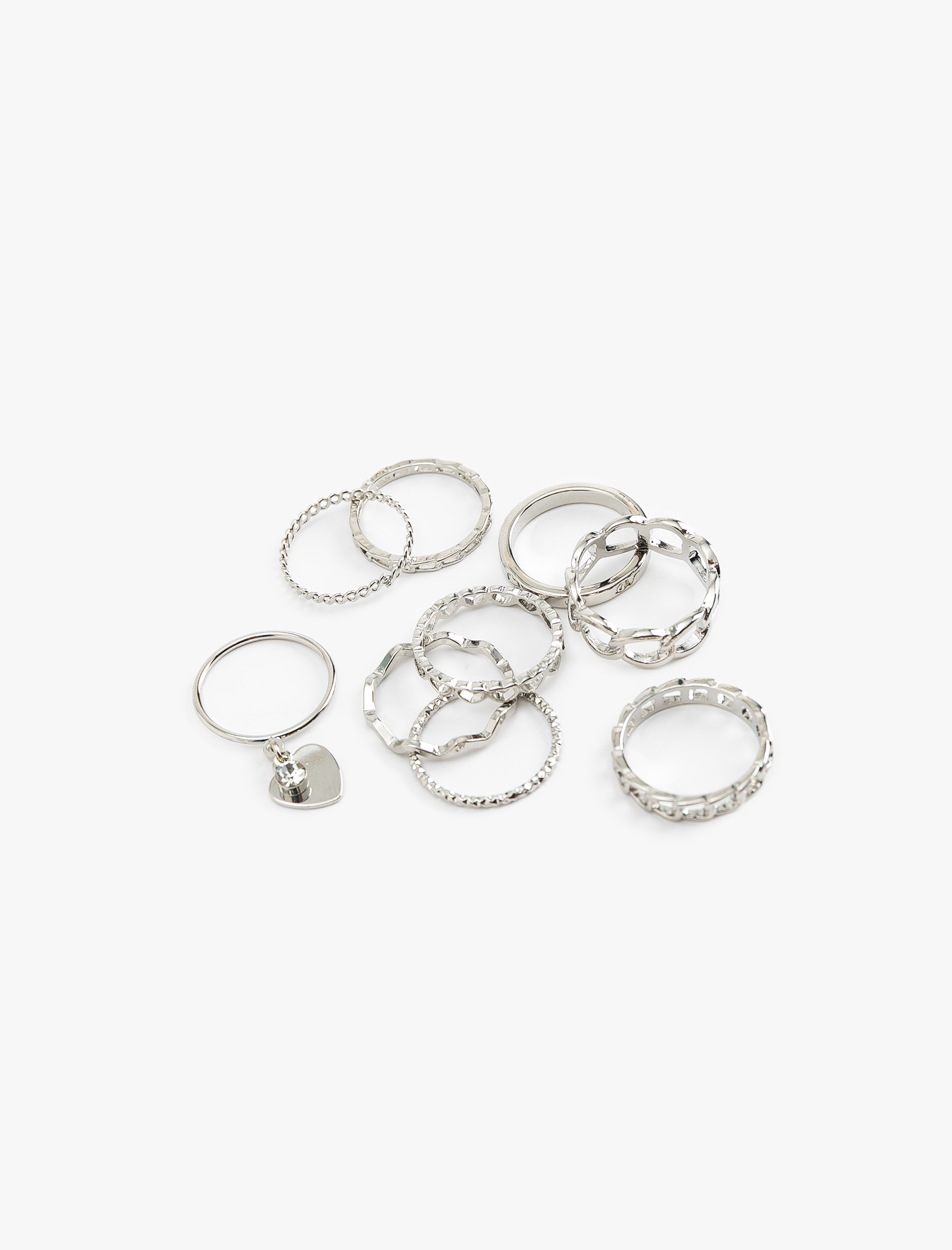  Kadın Kalp Charm Detaylı Burgu 9'lu Yüzük Seti