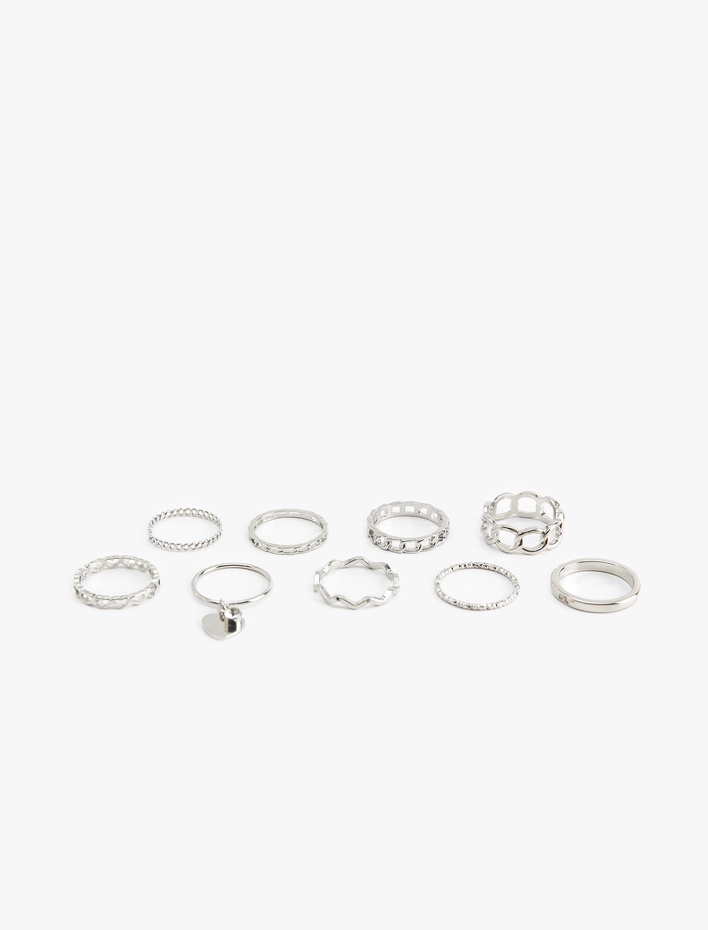 Kadın Kalp Charm Detaylı Burgu 9'lu Yüzük Seti