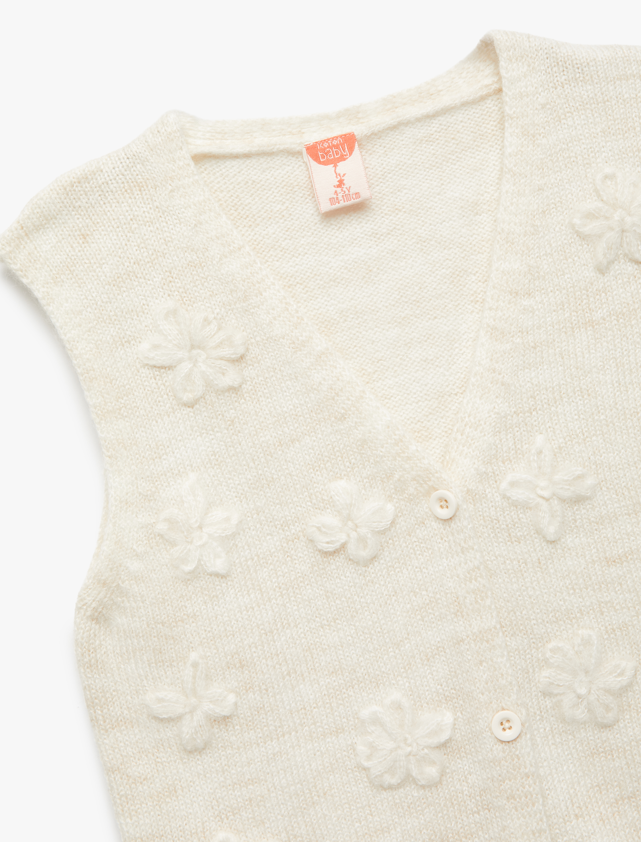Kız Bebek Çiçek Aplikeli Düğmeli V Yaka Triko Süveter