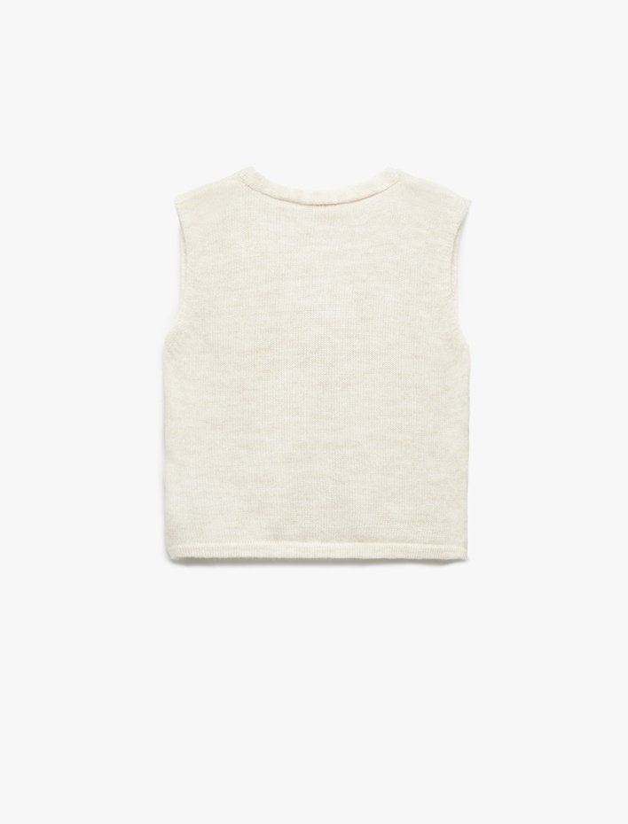 Kız Bebek Çiçek Aplikeli Düğmeli V Yaka Triko Süveter