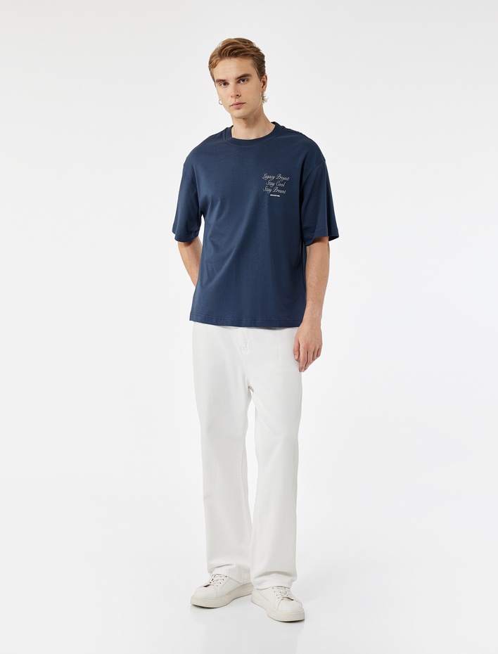  Pamuklu Arkası Baskılı Kısa Kollu Bisiklet Yaka Oversize Tişört