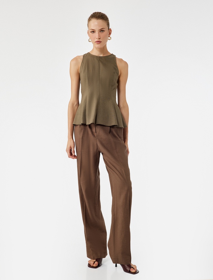  Bol Kalıp Kolsuz Bisiklet Yaka Keten Peplum Bluz