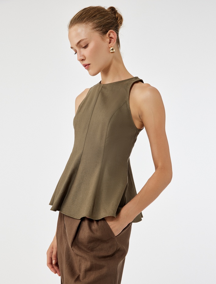  Bol Kalıp Kolsuz Bisiklet Yaka Keten Peplum Bluz