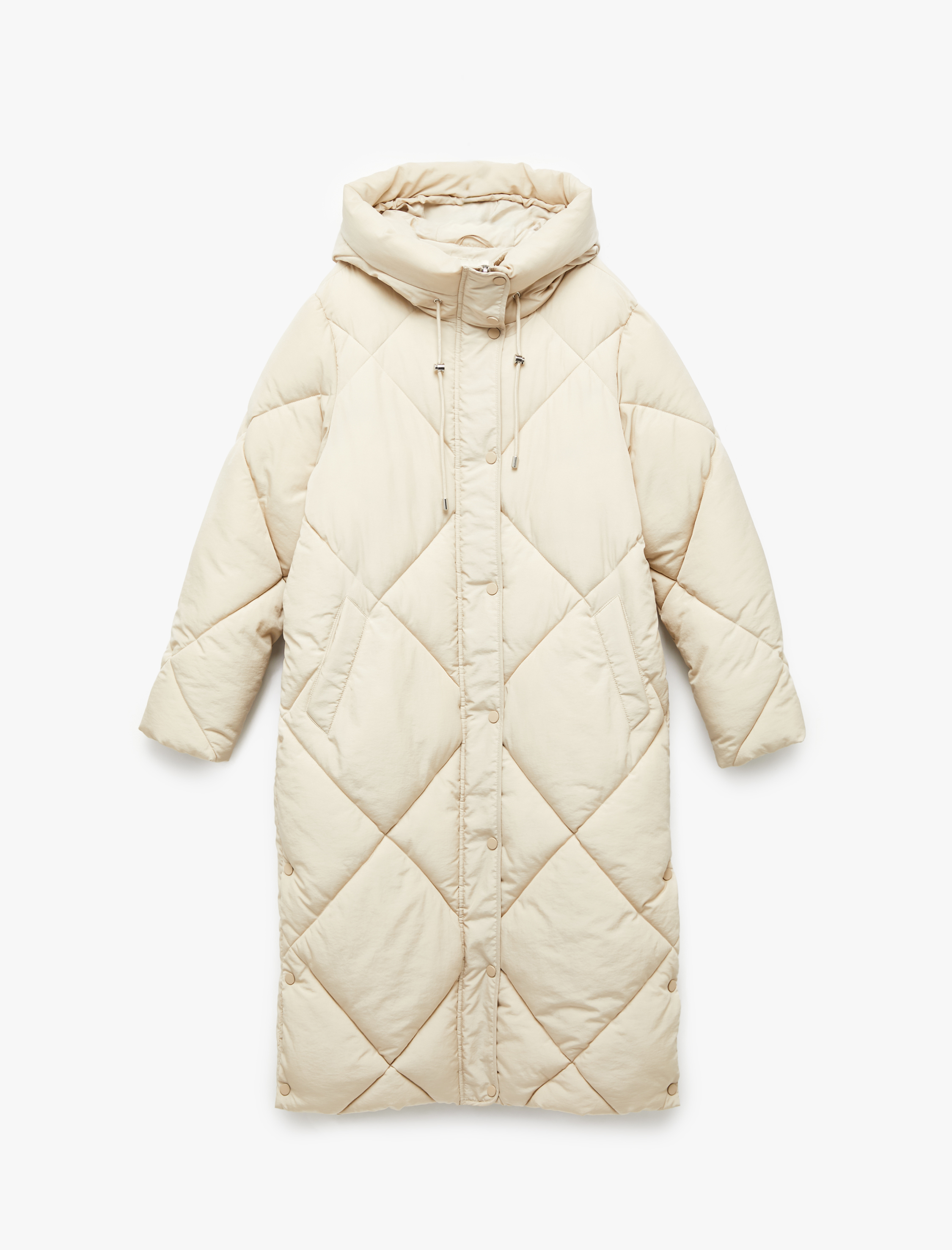   Kapüşonlu Fermuarlı Uzun Kollu Su İtici Ekstra Uzun Kapitone Oversize Şişme Anorak Mont