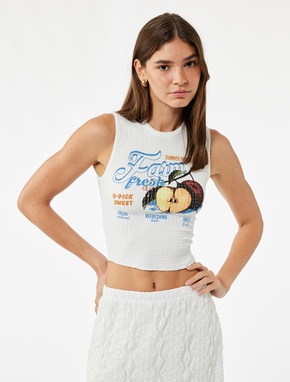 Meyve Baskılı Kolsuz Slim Fit Bisiklet Yaka Crop Bluz