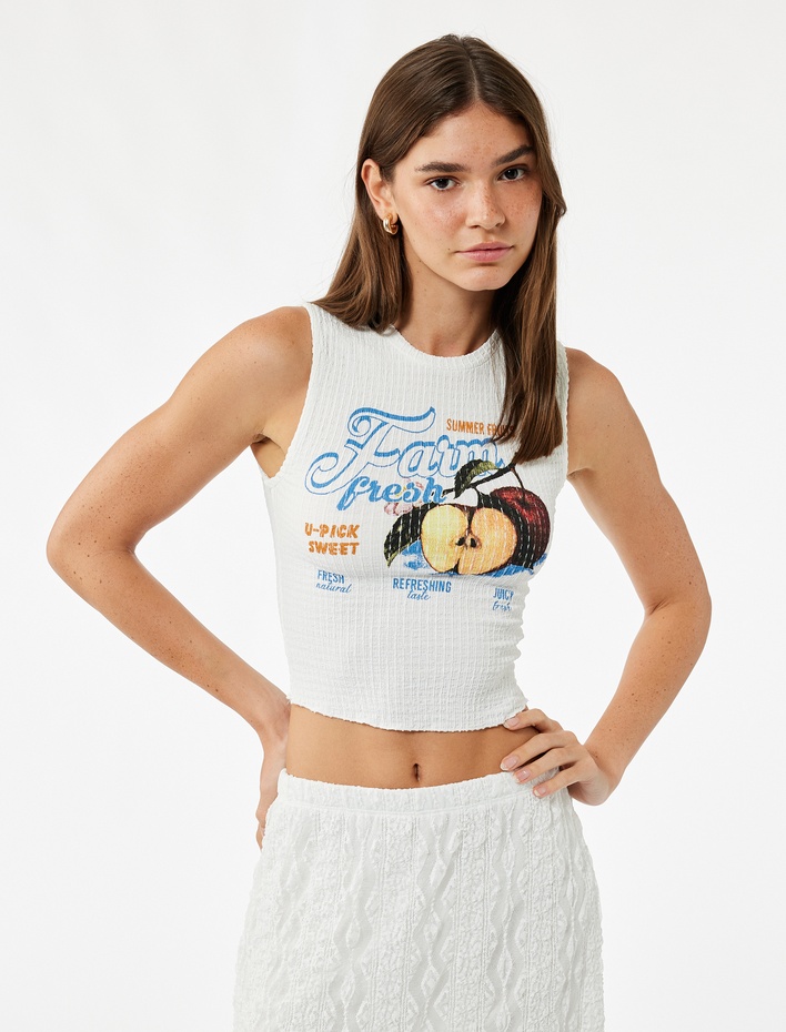  Meyve Baskılı Kolsuz Slim Fit Bisiklet Yaka Crop Bluz