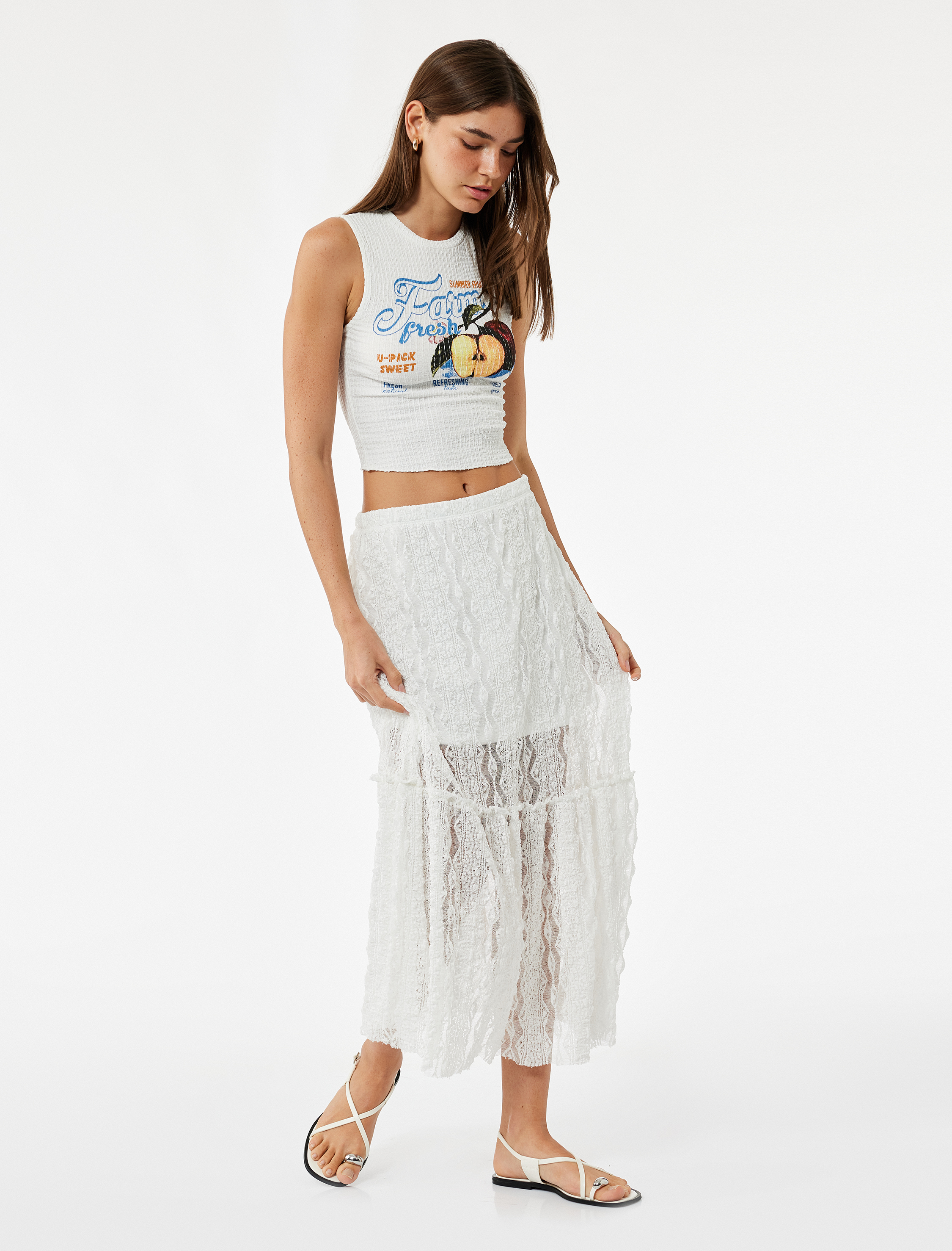   Meyve Baskılı Kolsuz Slim Fit Bisiklet Yaka Crop Bluz