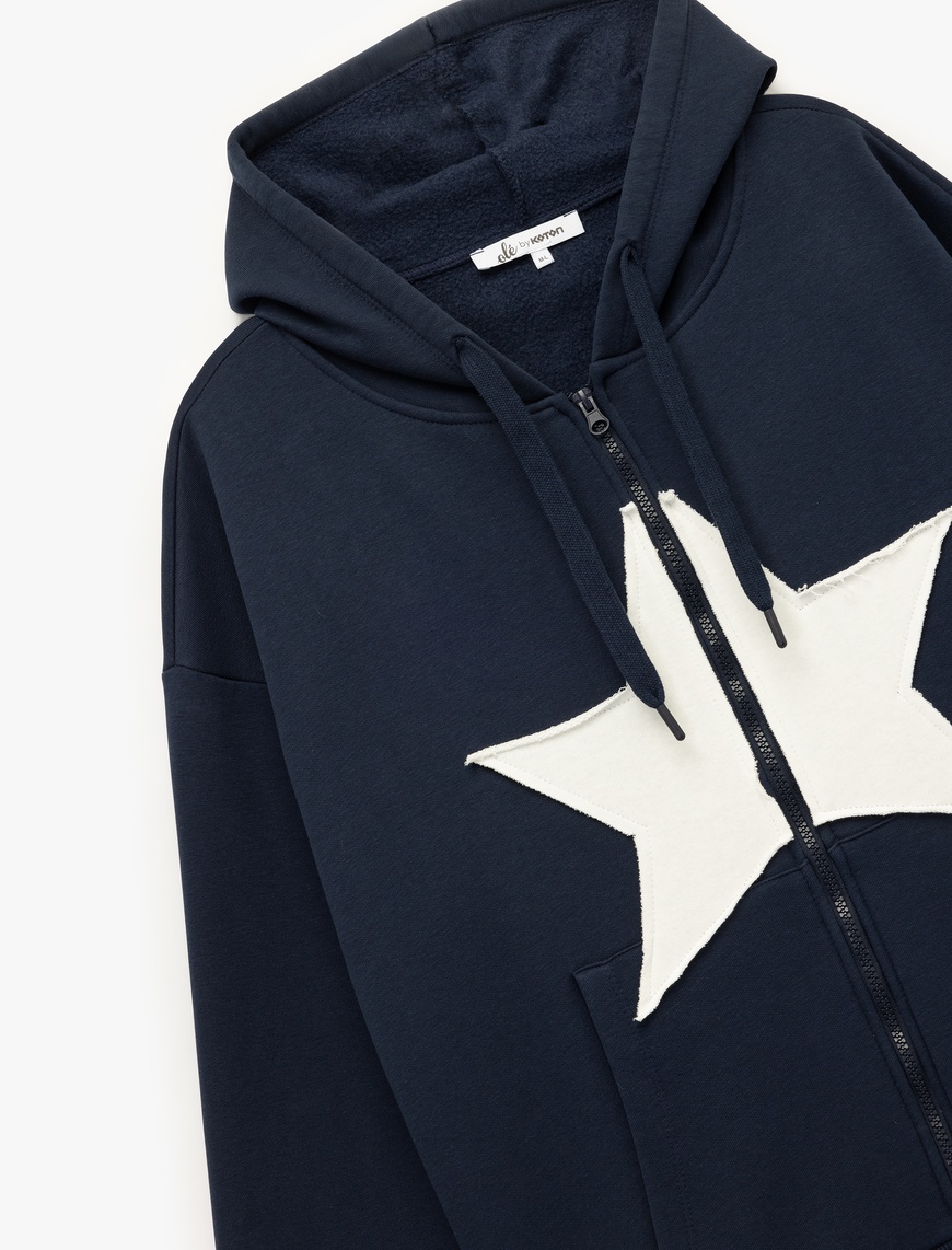  Yıldız Baskılı Şardonlu Kapüşonlu Kanguru Cepli Oversize Fermuarlı Sweatshirt