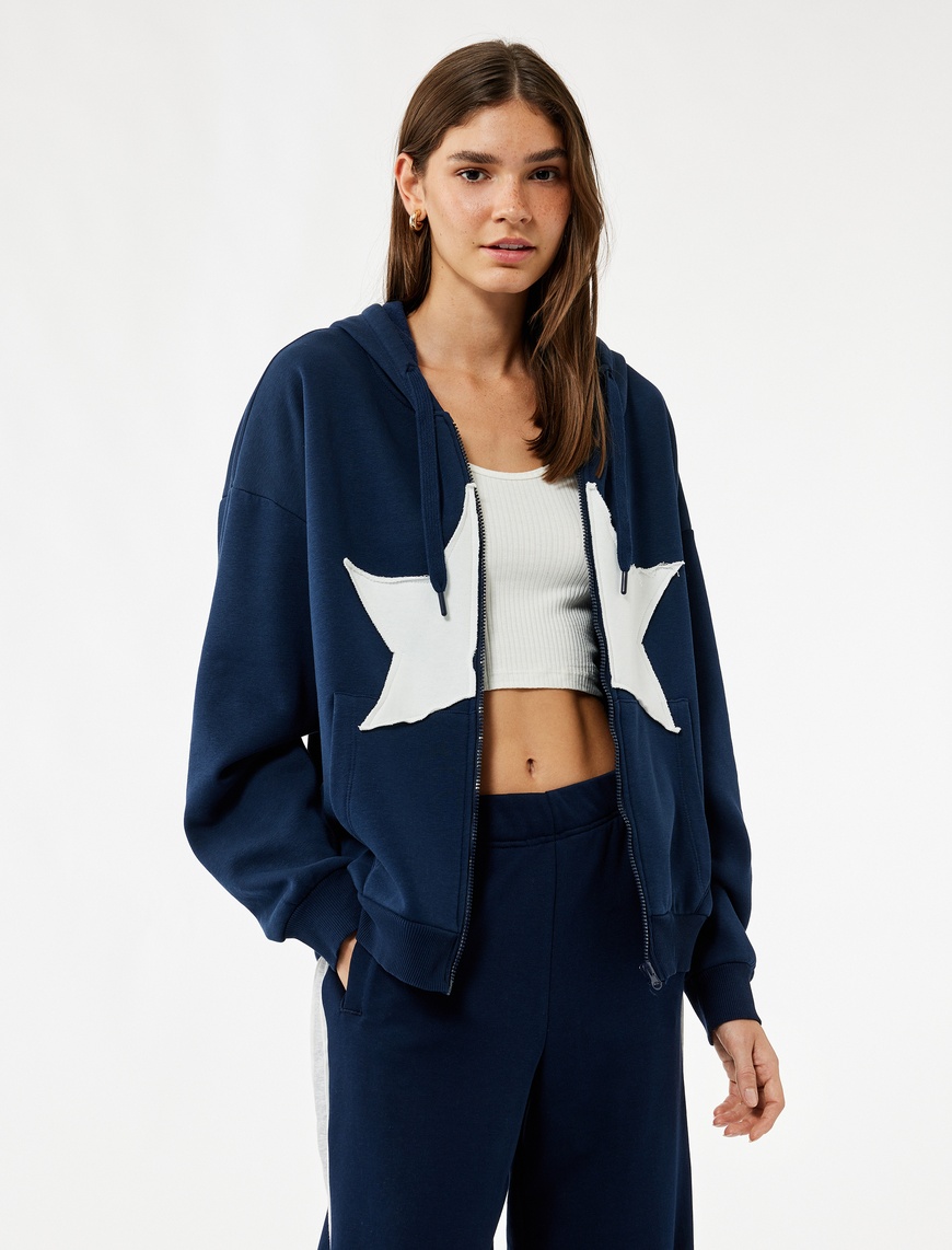   Yıldız Baskılı Şardonlu Kapüşonlu Kanguru Cepli Oversize Fermuarlı Sweatshirt