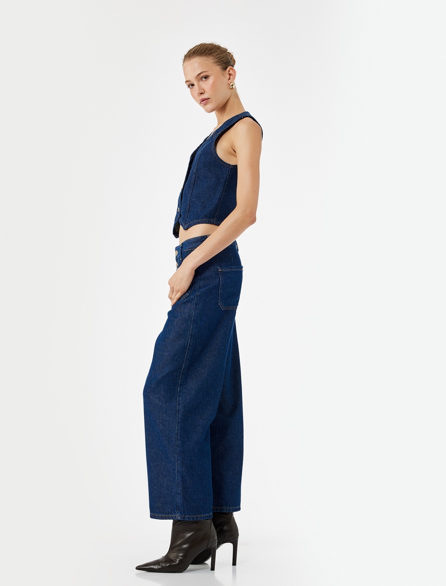   Normal Paça Düğmeli Yüksek Bel Pamuklu Geniş Paça Crop Jean Pantolon - Wide Leg Jeans