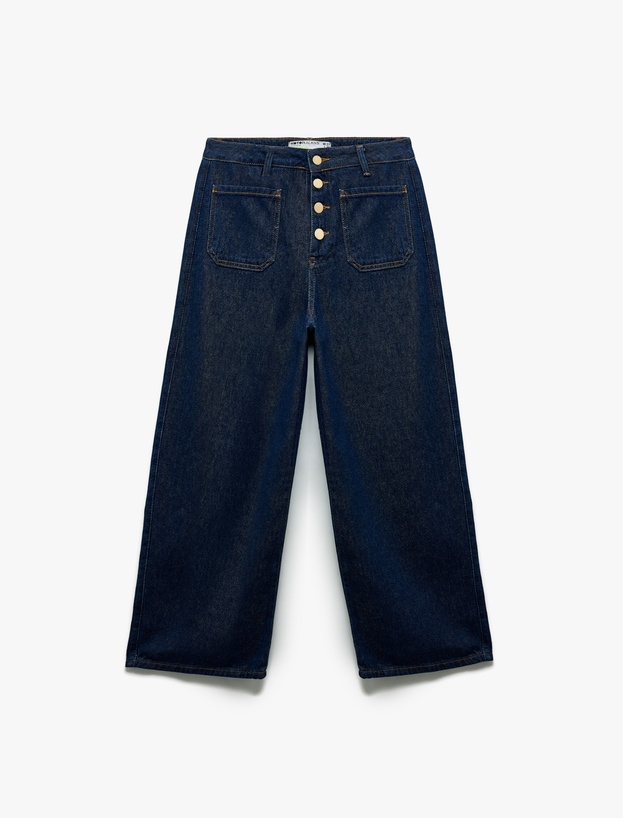 Normal Paça Düğmeli Yüksek Bel Pamuklu Geniş Paça Crop Jean Pantolon - Wide Leg Jeans_2