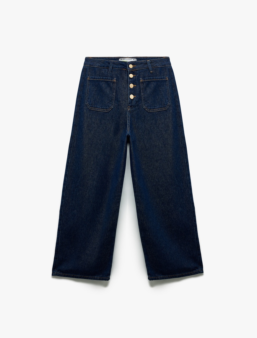   Normal Paça Düğmeli Yüksek Bel Pamuklu Geniş Paça Crop Jean Pantolon - Wide Leg Jeans