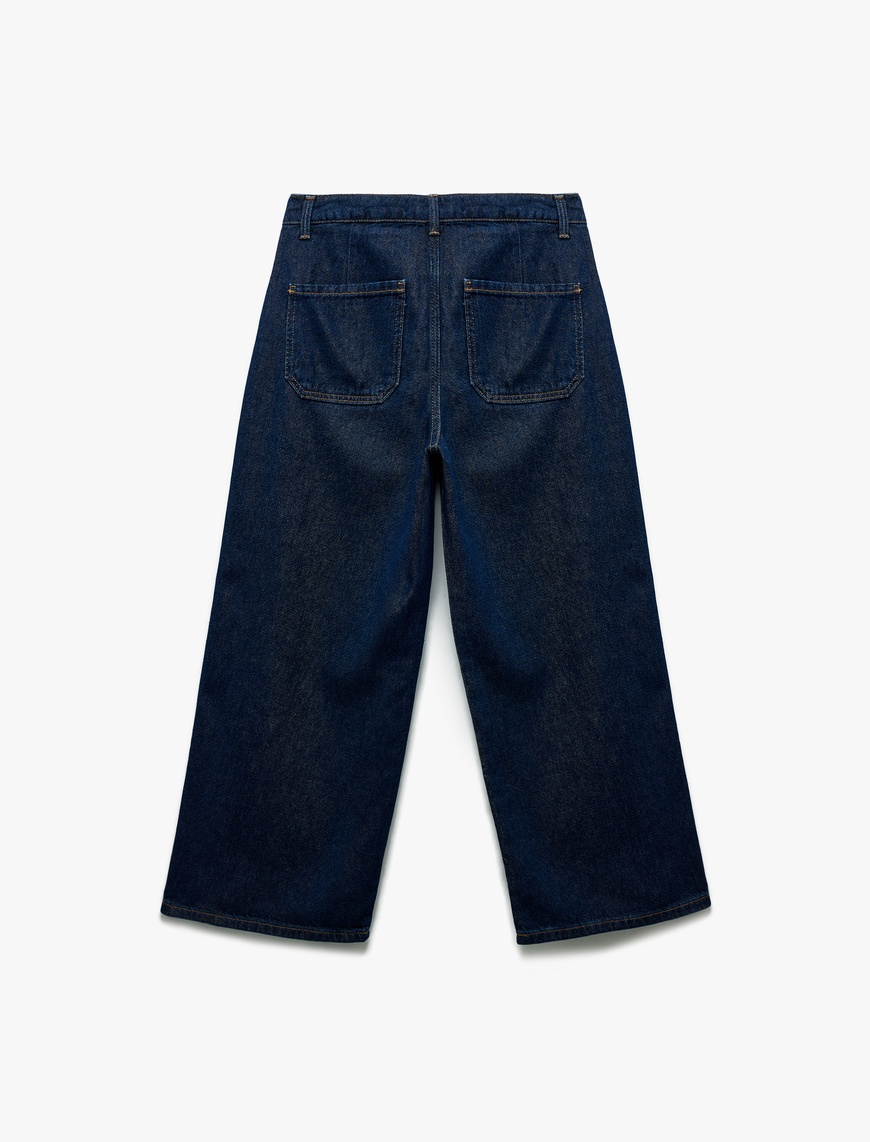   Normal Paça Düğmeli Yüksek Bel Pamuklu Geniş Paça Crop Jean Pantolon - Wide Leg Jeans