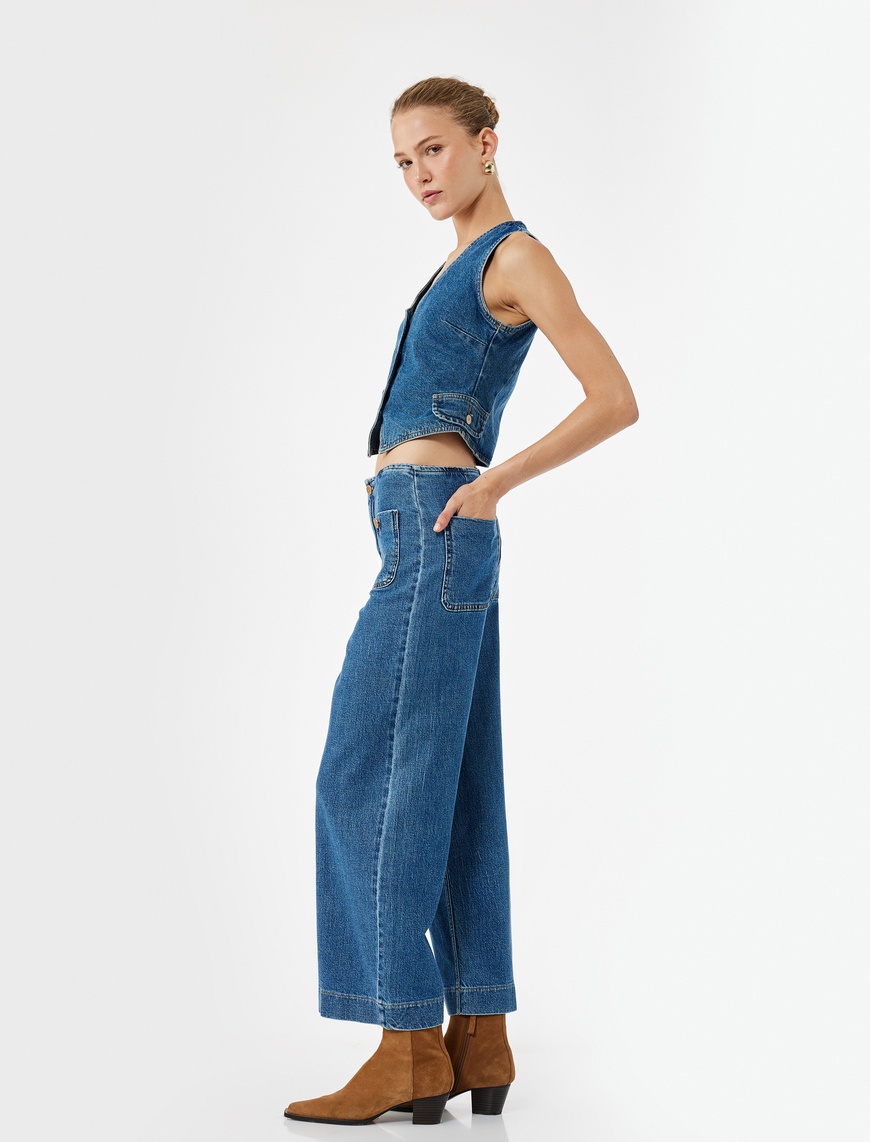   Yüksek Bel Düğme Detaylı Duble Geniş Paça Jean Pantolon - Culotte Jeans