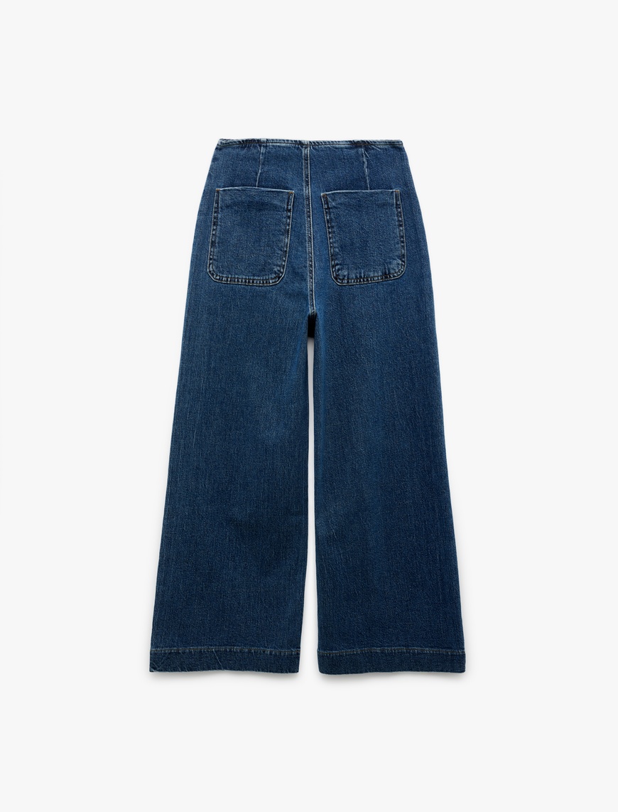   Yüksek Bel Düğme Detaylı Duble Geniş Paça Jean Pantolon - Culotte Jeans