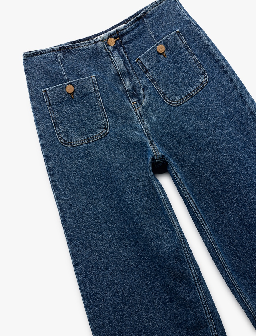   Yüksek Bel Düğme Detaylı Duble Geniş Paça Jean Pantolon - Culotte Jeans
