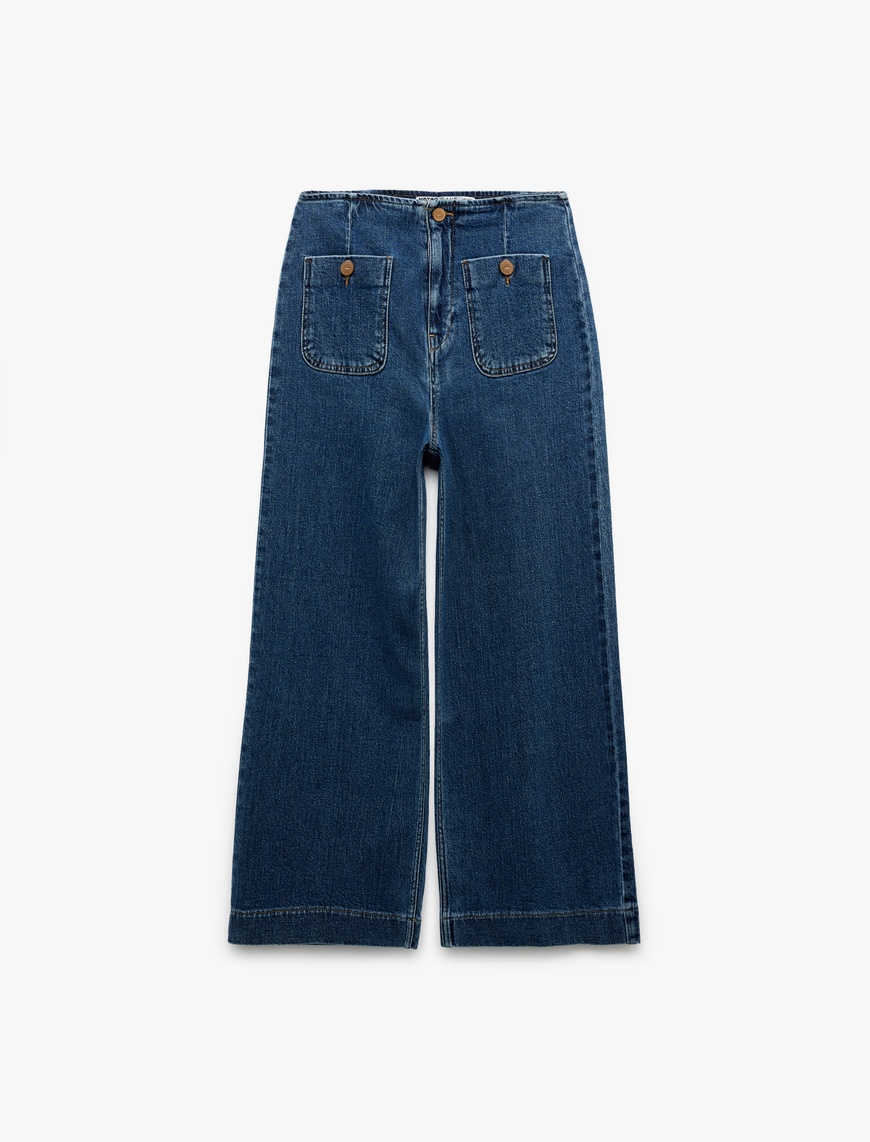   Yüksek Bel Düğme Detaylı Duble Geniş Paça Jean Pantolon - Culotte Jeans