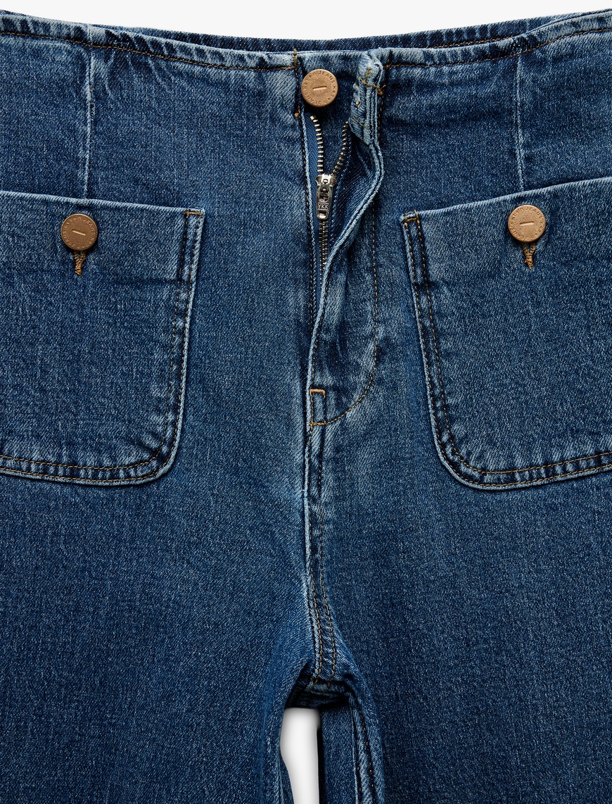   Yüksek Bel Düğme Detaylı Duble Geniş Paça Jean Pantolon - Culotte Jeans