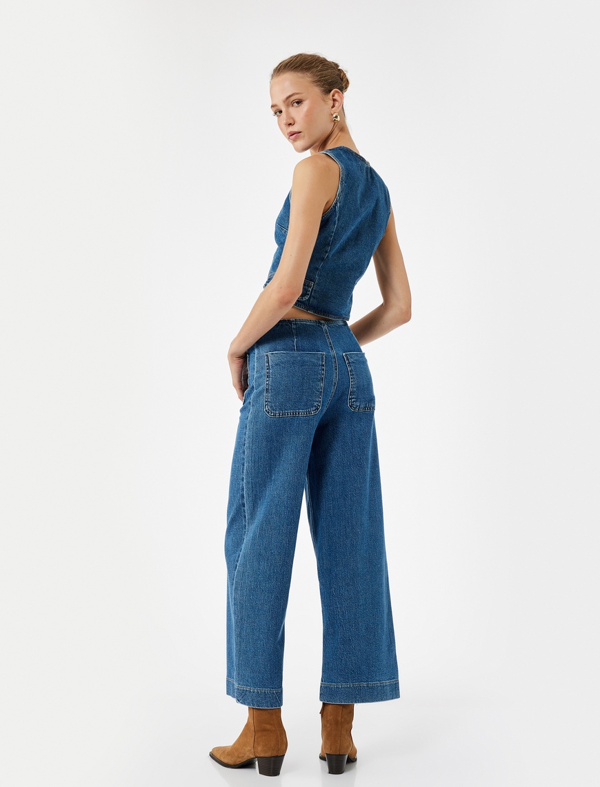   Yüksek Bel Düğme Detaylı Duble Geniş Paça Jean Pantolon - Culotte Jeans