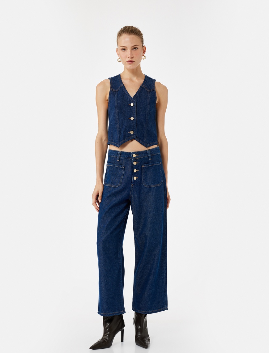   Normal Paça Düğmeli Yüksek Bel Pamuklu Geniş Paça Crop Jean Pantolon - Wide Leg Jeans