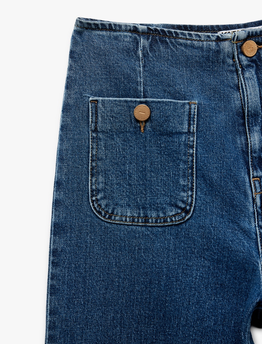   Yüksek Bel Düğme Detaylı Duble Geniş Paça Jean Pantolon - Culotte Jeans
