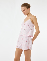 Dantel Detaylı Çiçekli Saten Şort Pijama Altı