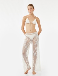 Transparan Floral Dokulu Geniş Paça Dantel Pareo Pantolon