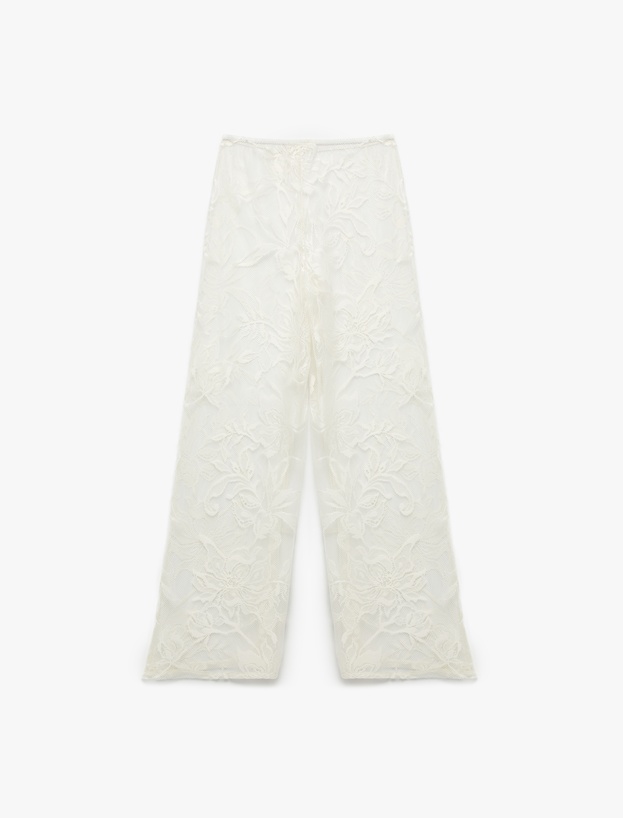 Transparan Floral Dokulu Geniş Paça Dantel Pareo Pantolon_3