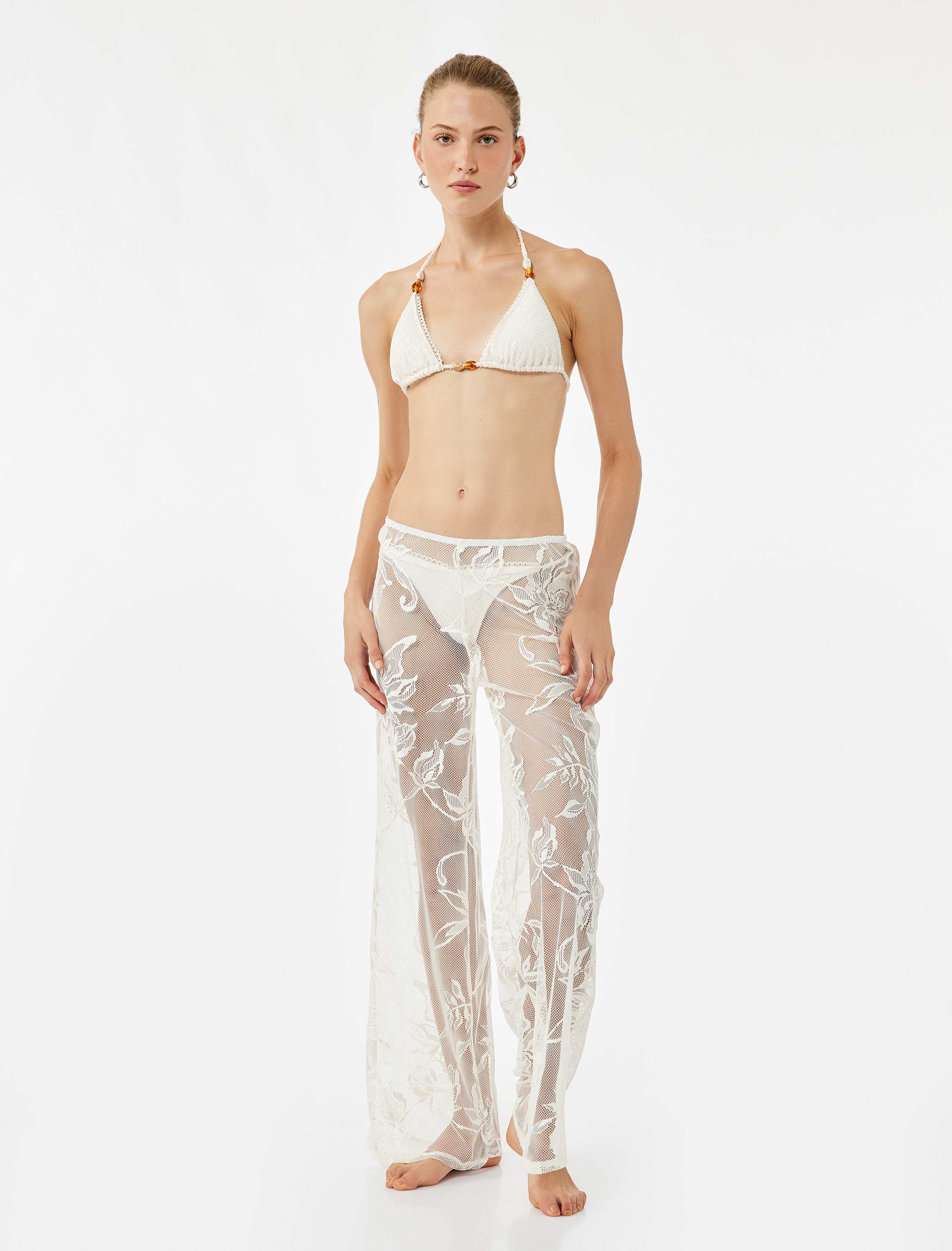 Transparan Floral Dokulu Geniş Paça Dantel Pareo Pantolon