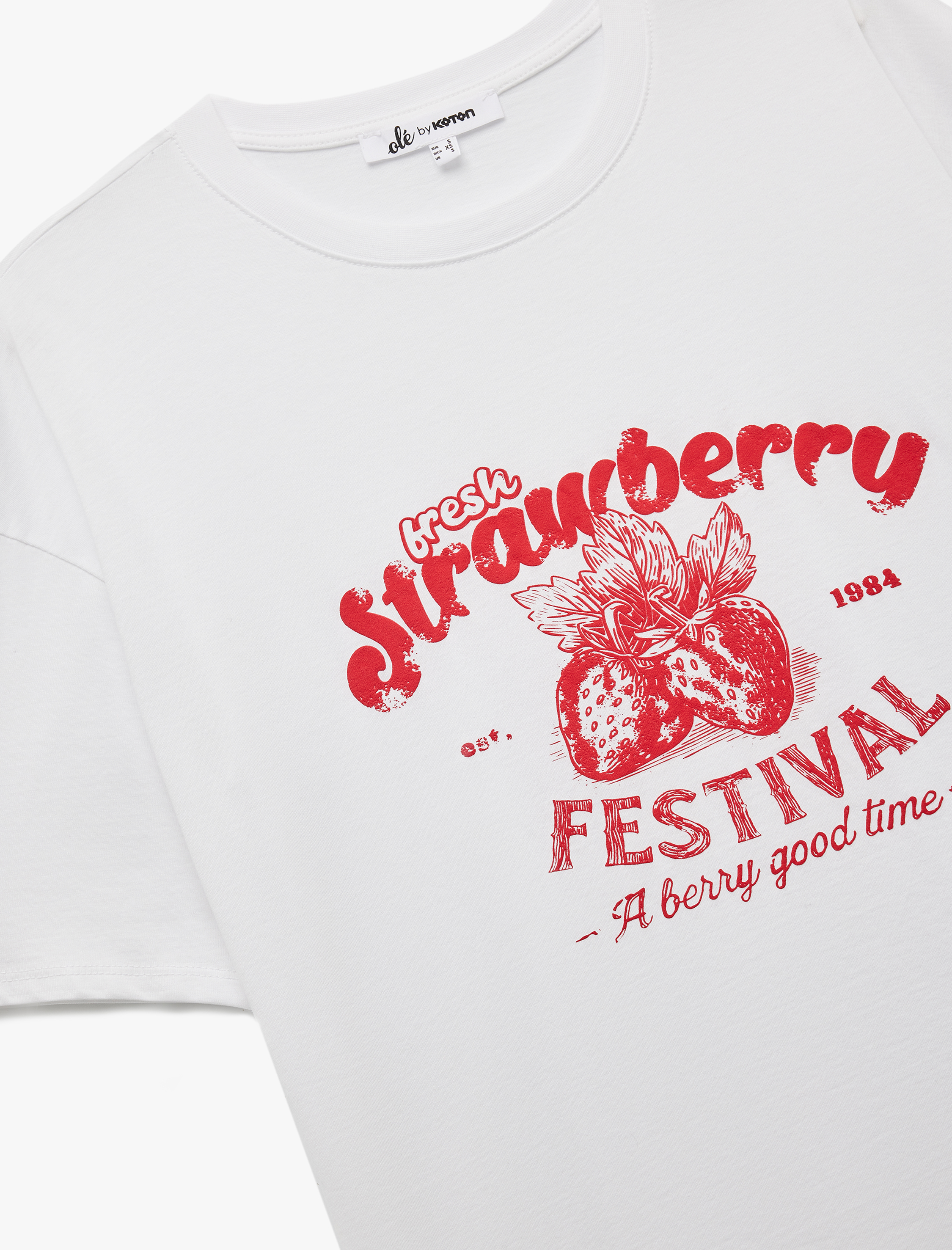   Rahat Kalıp Kısa Kollu Bisiklet Yaka Pamuklu Çilek Baskılı Tişört