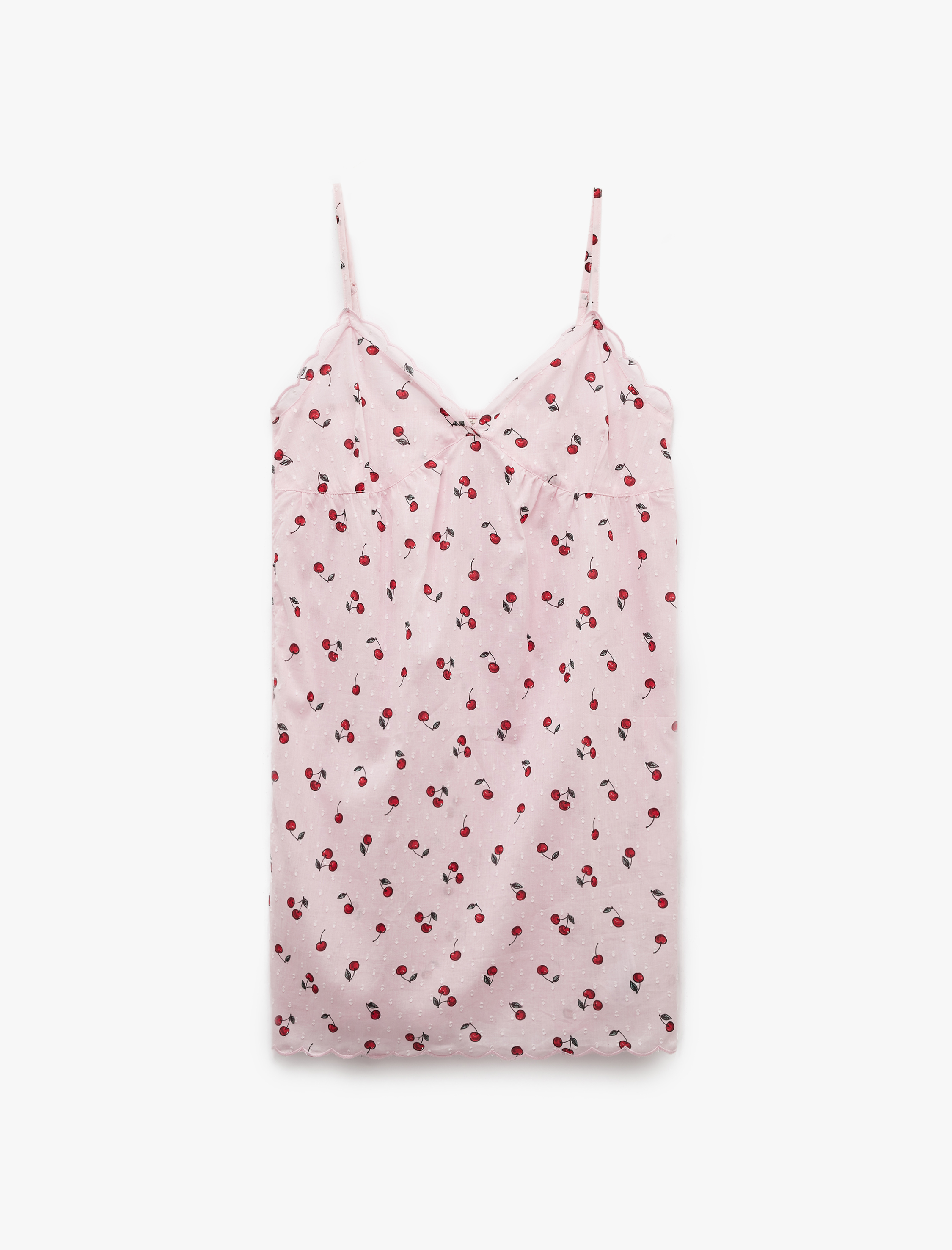   Rahat Kalıp Pamuklu V Yaka İnce Askılı Kiraz Baskılı Gecelik