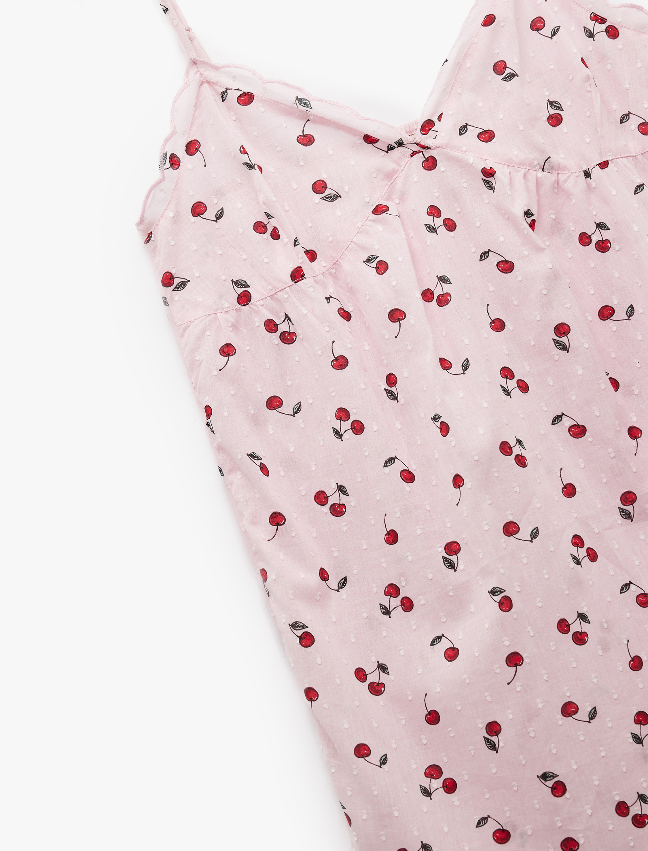   Rahat Kalıp Pamuklu V Yaka İnce Askılı Kiraz Baskılı Gecelik