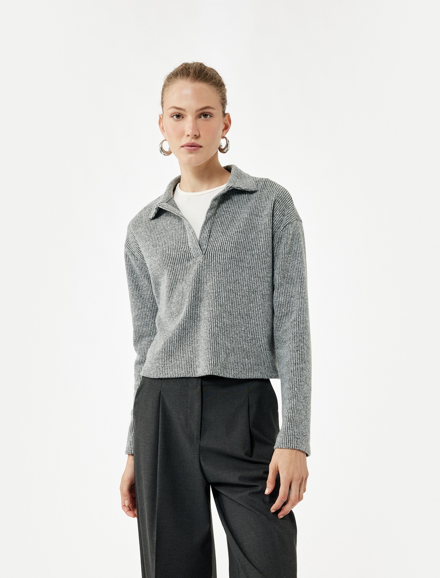   Regular Fit Uzun Kollu Polo Yaka Fitilli Tişört