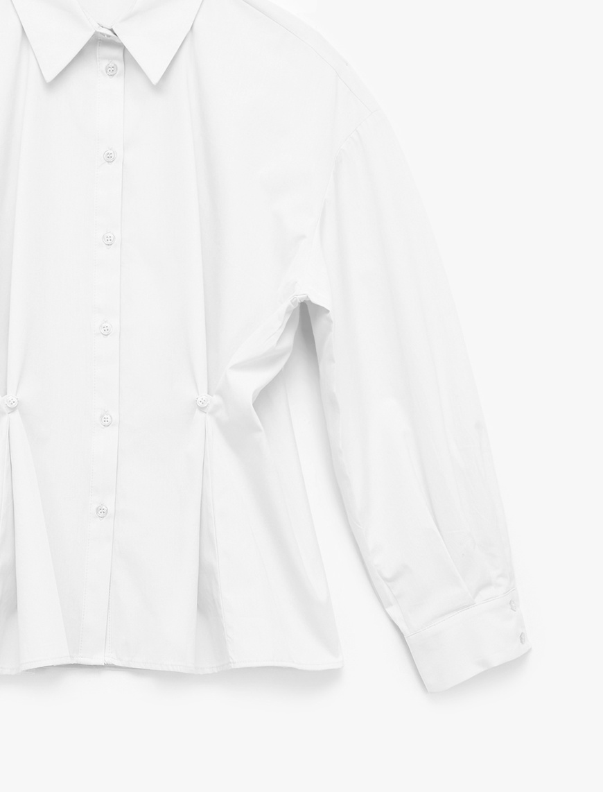   Pamuklu Uzun Kollu Pile Detaylı Düğmeli Oversize Poplin Gömlek