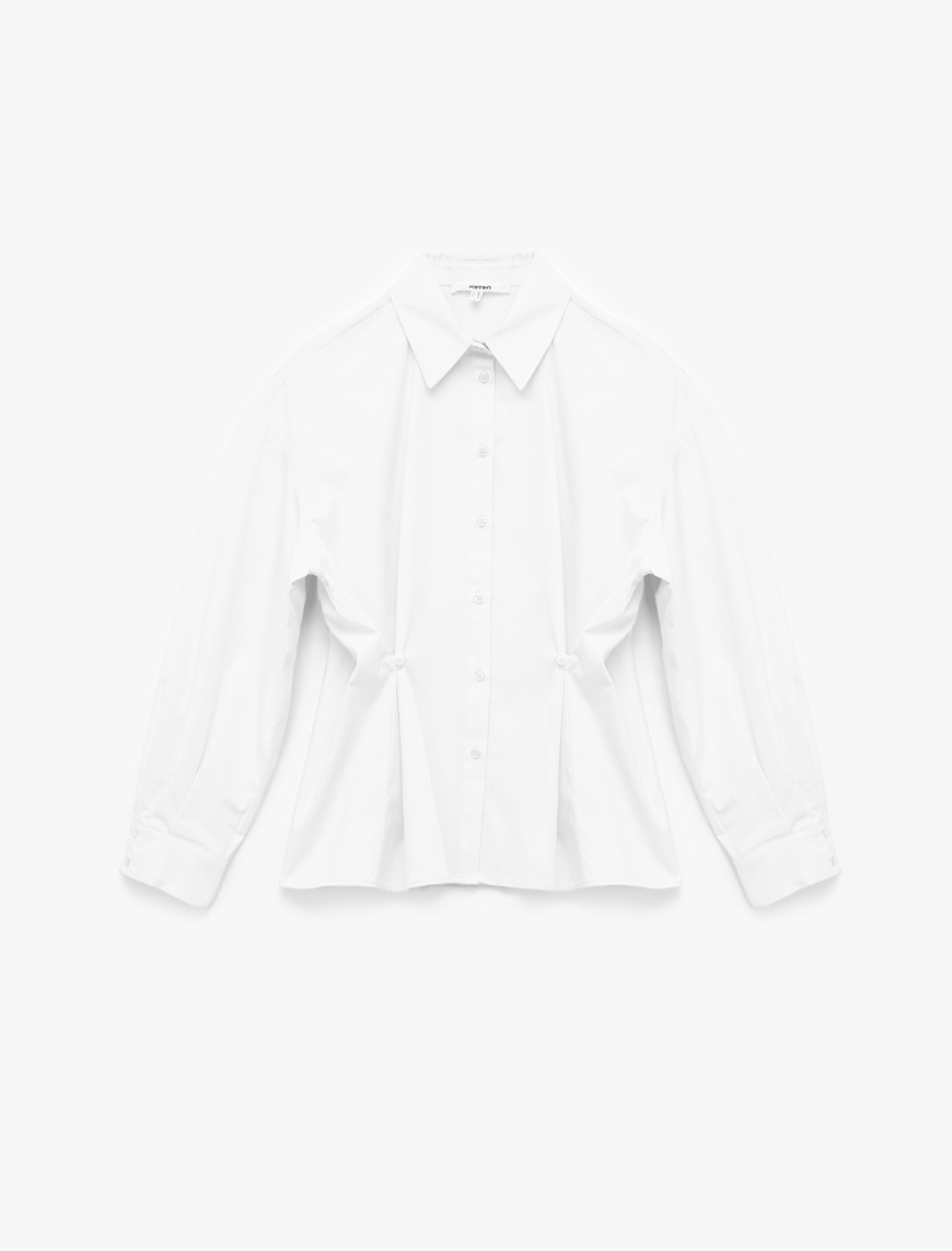   Pamuklu Uzun Kollu Pile Detaylı Düğmeli Oversize Poplin Gömlek