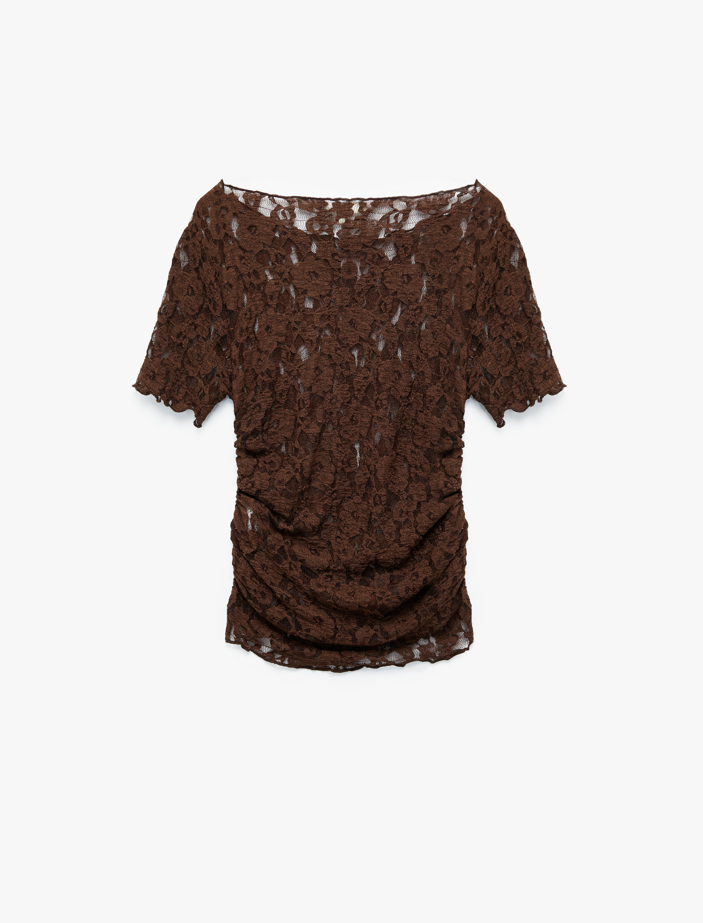   Yarı Transparan Kısa Kollu Yuvarlak Yaka Dantelli Tişört