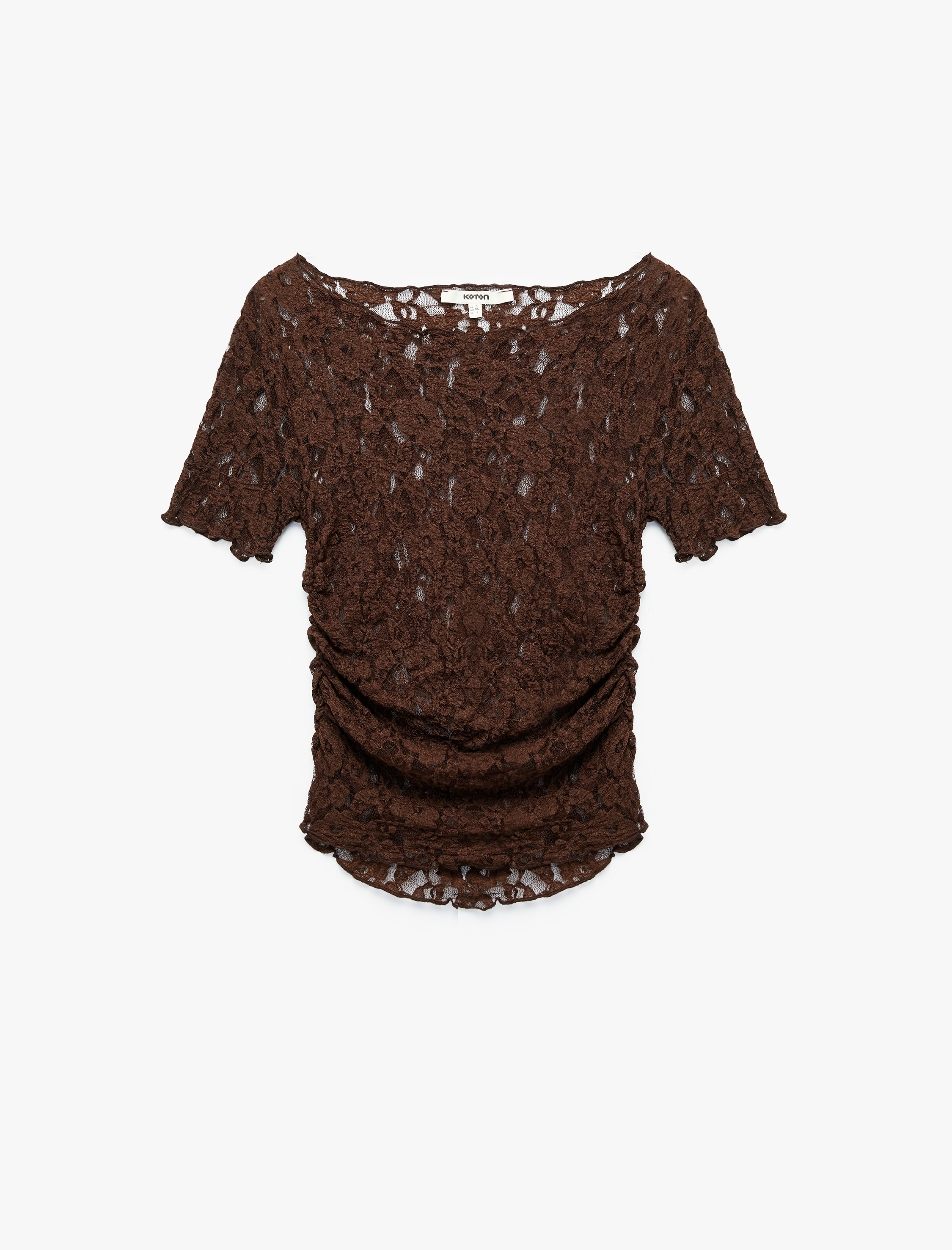   Yarı Transparan Kısa Kollu Yuvarlak Yaka Dantelli Tişört