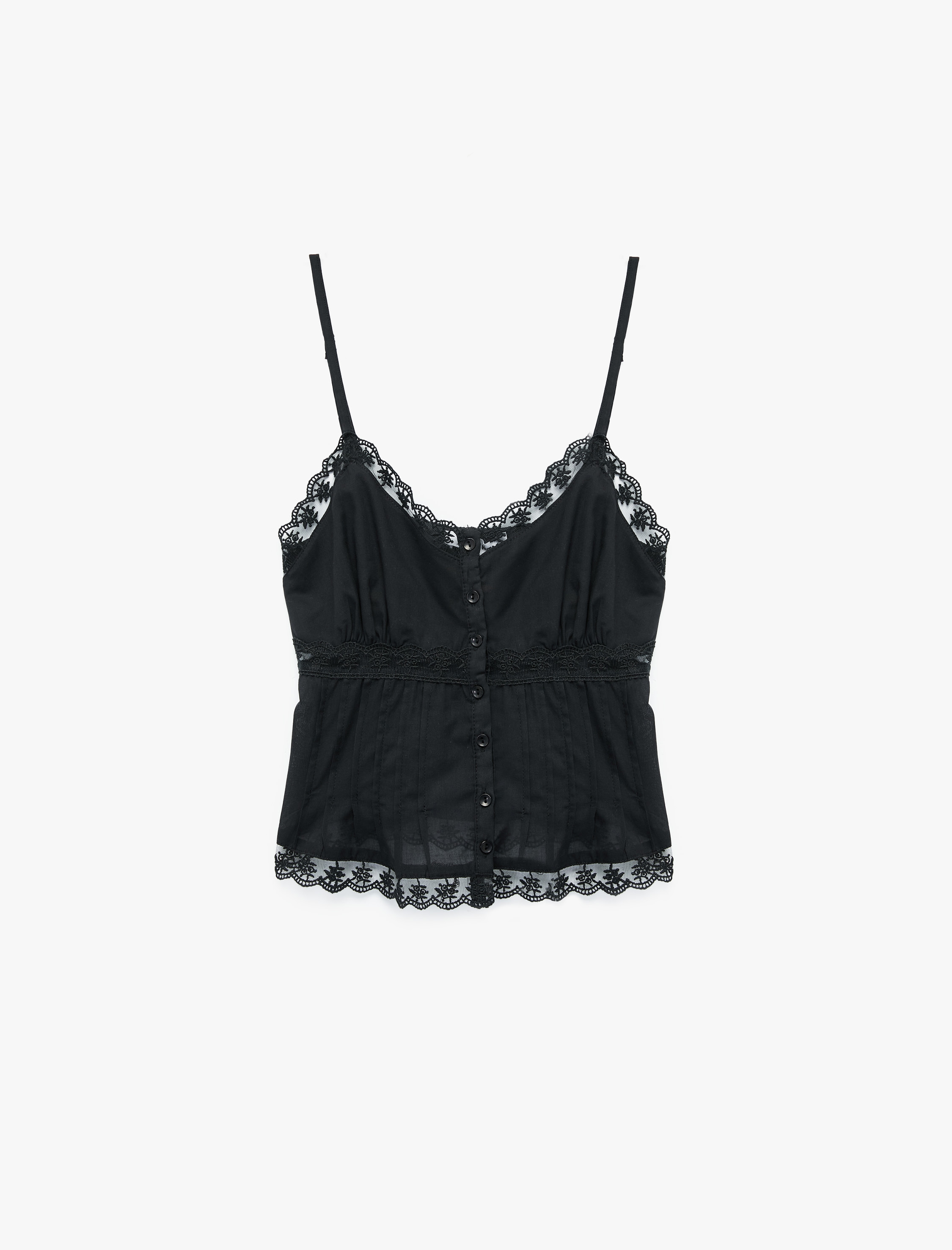   Dantel Detaylı V Yaka Düğmeli Askılı Bluz