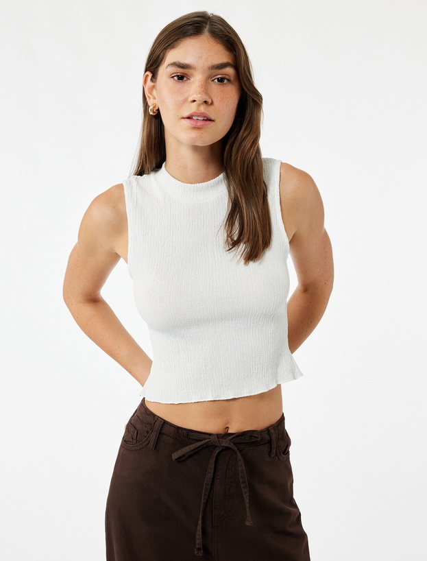Bisiklet Yaka Kolsuz Basic Crop Bluz_0