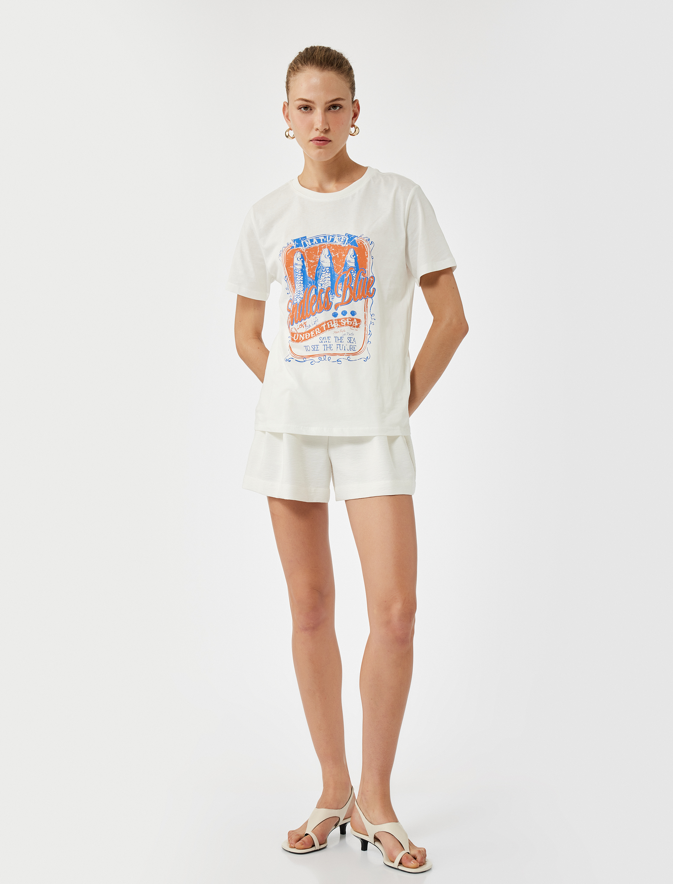   Pamuklu Kısa Kollu Bisiklet Yaka Balık Baskılı Tişört