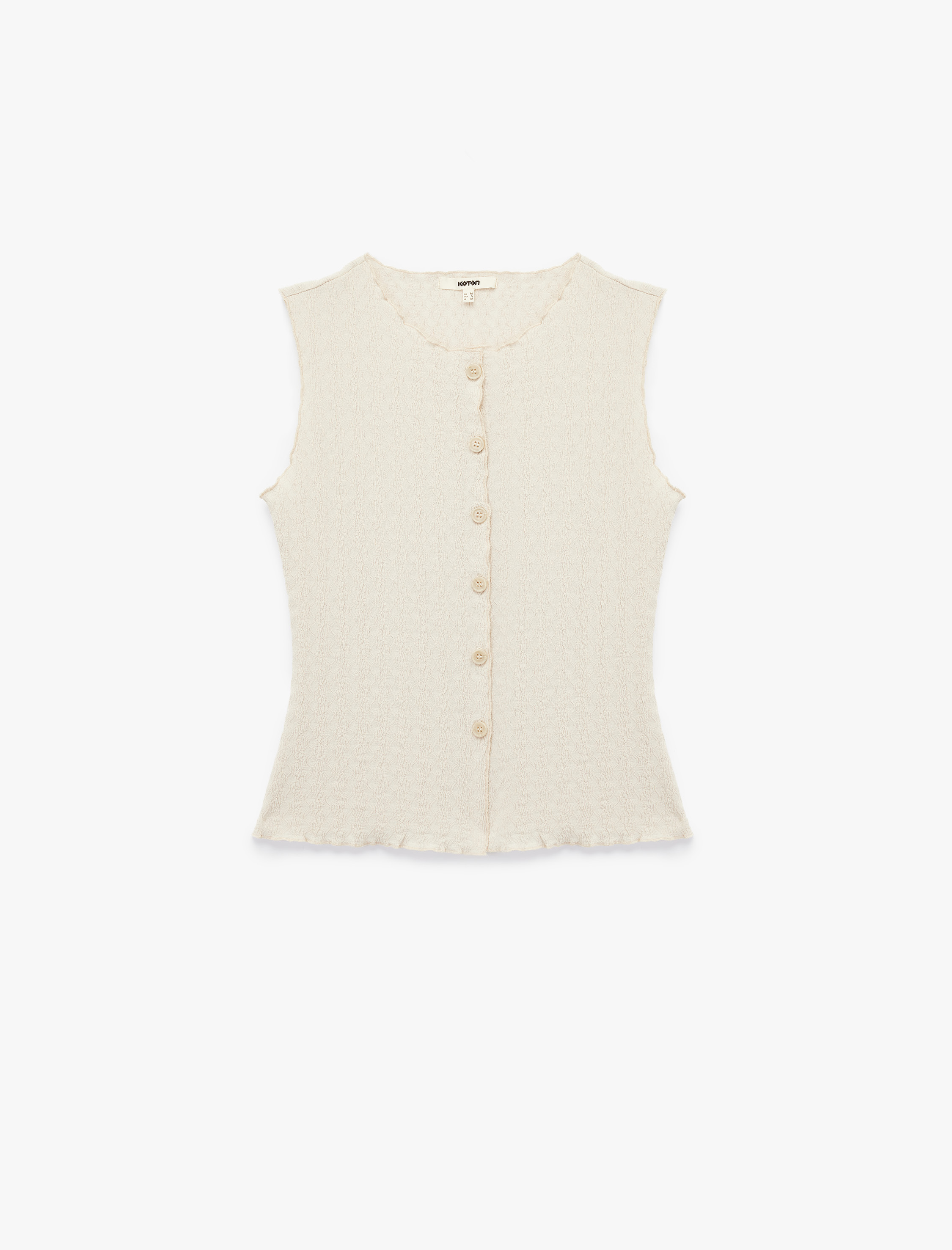   Bürümcük Kumaş Slim Fit Bisiklet Yaka Dokulu Kolsuz Düğmeli Bluz