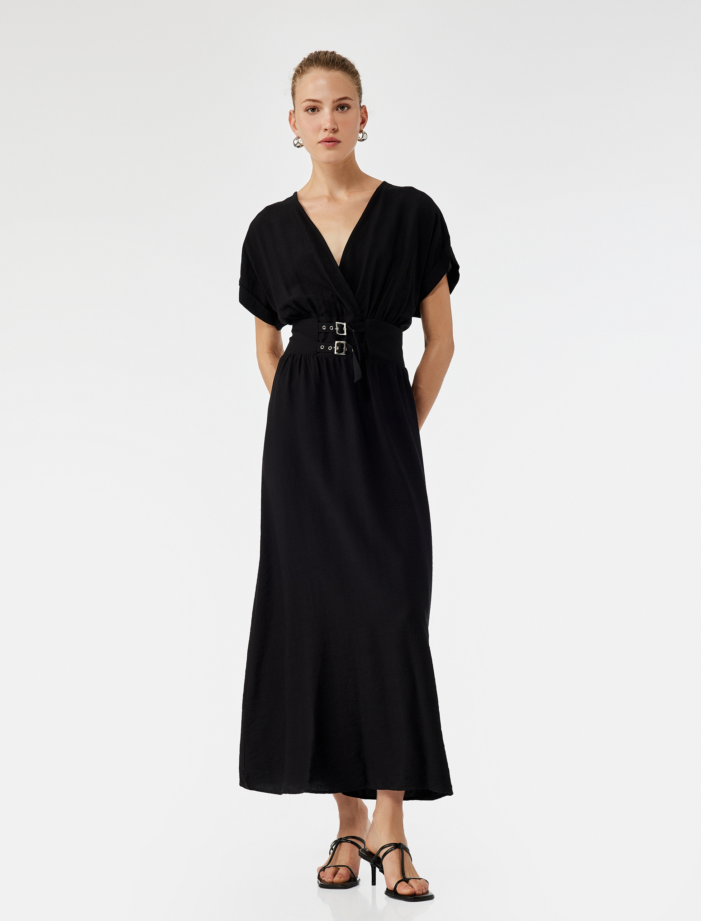   Viskon Kumaş Kemer Detaylı Kısa Kollu Uzun Kruvaze Elbise