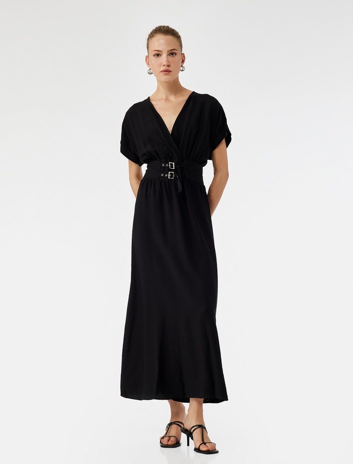  Viskon Kumaş Kemer Detaylı Kısa Kollu Uzun Kruvaze Elbise