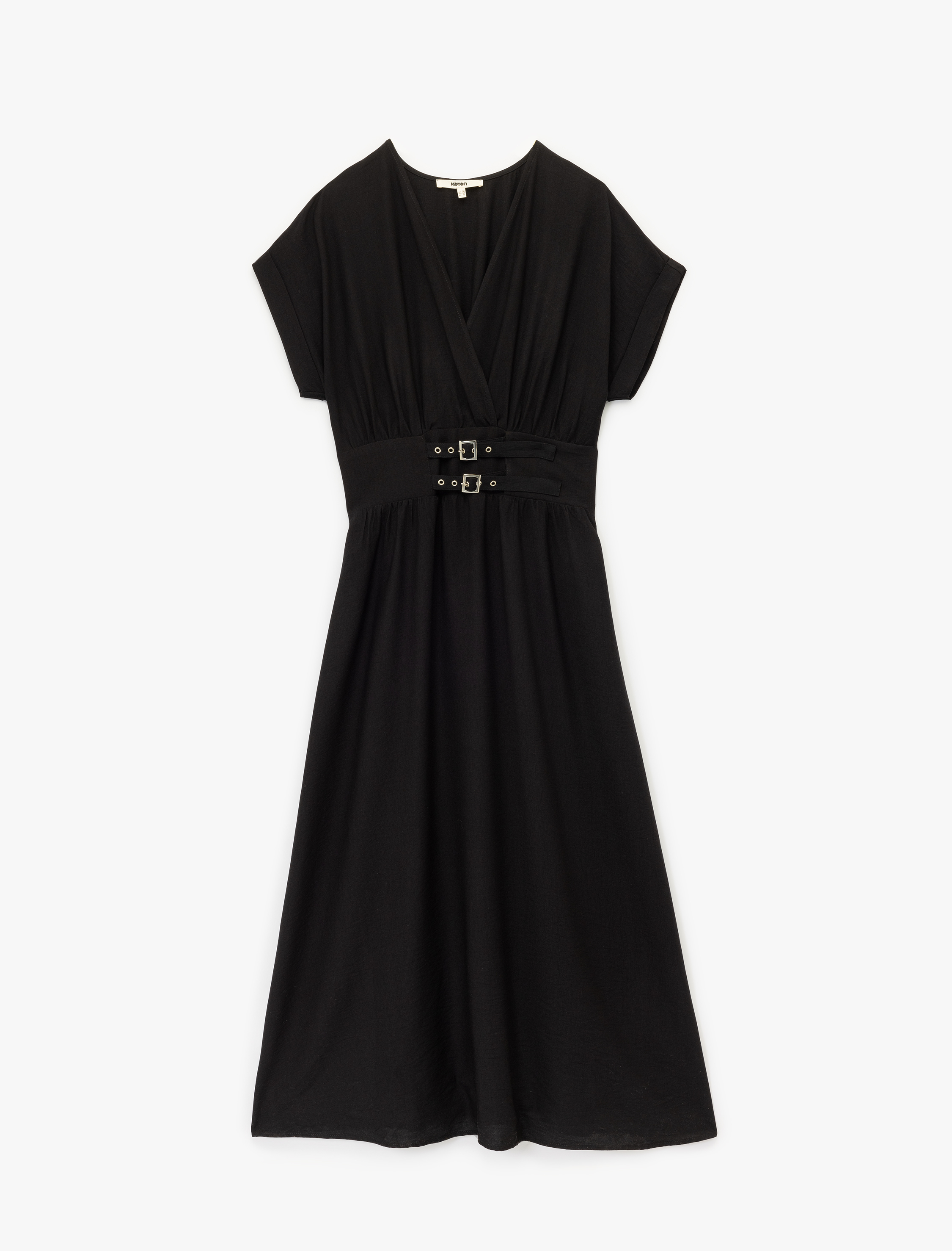   Viskon Kumaş Kemer Detaylı Kısa Kollu Uzun Kruvaze Elbise