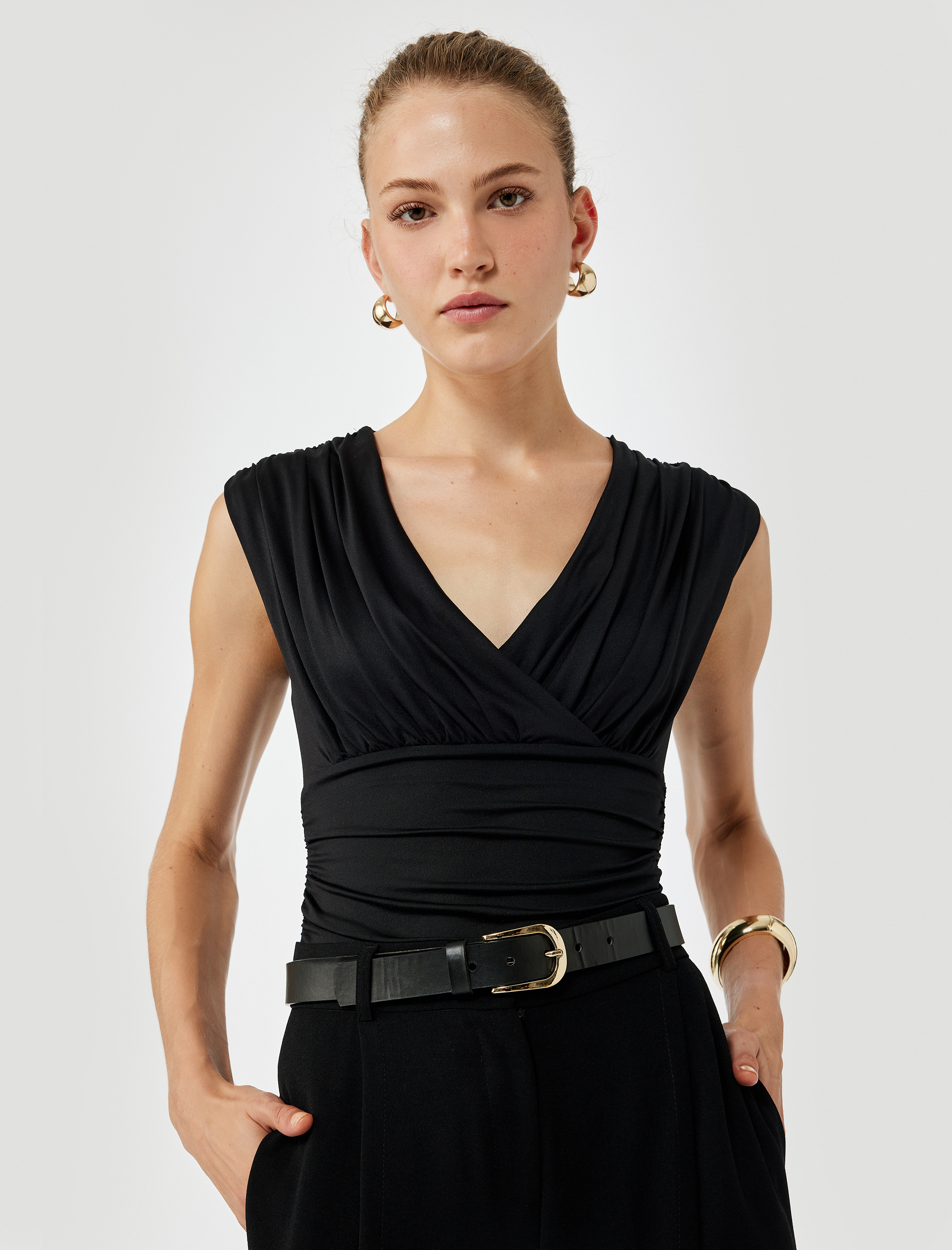   Slim Fit Drapeli Kruvaze Kolsuz Bluz