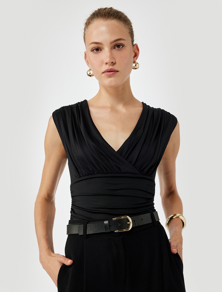  Slim Fit Drapeli Kruvaze Kolsuz Bluz